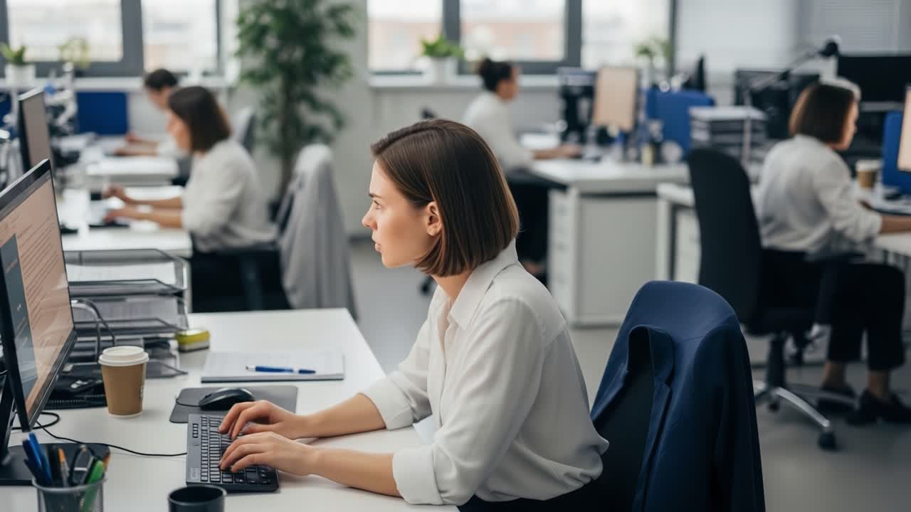 현대적 인 사무실 에서 컴퓨터 에서 일 하는 여자