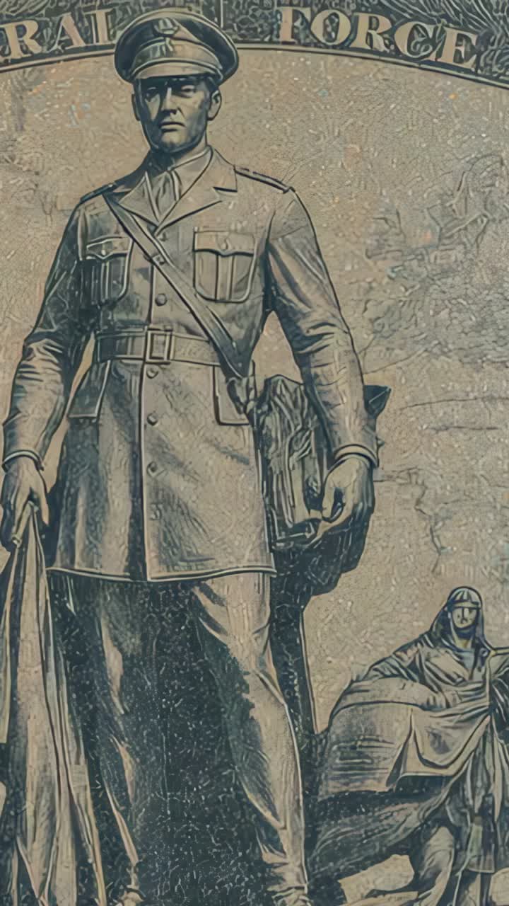 Vertical video: Camera panning uniformed officer relief showing robed figure and FORCE inscription