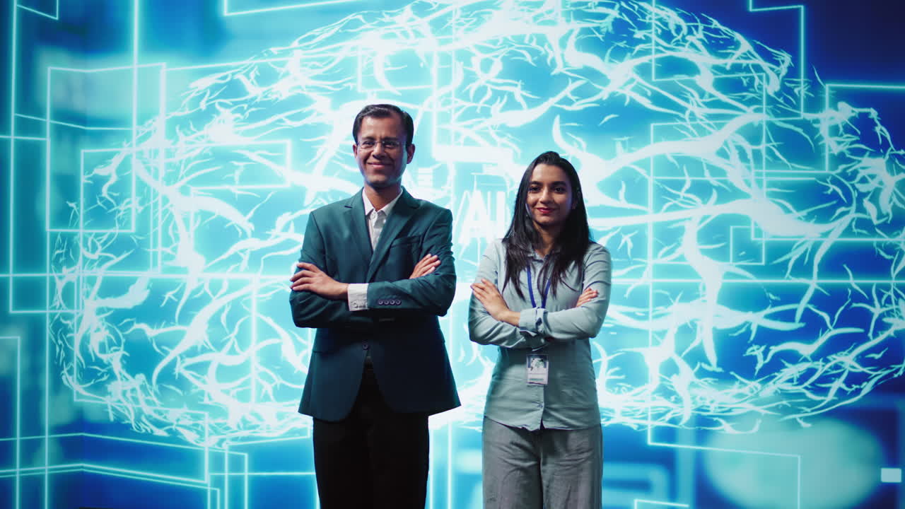 Smiling colleagues working with AI machine learning algorithms