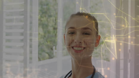 in medical office, healthcare professional with digital network overlay, smiling warmly