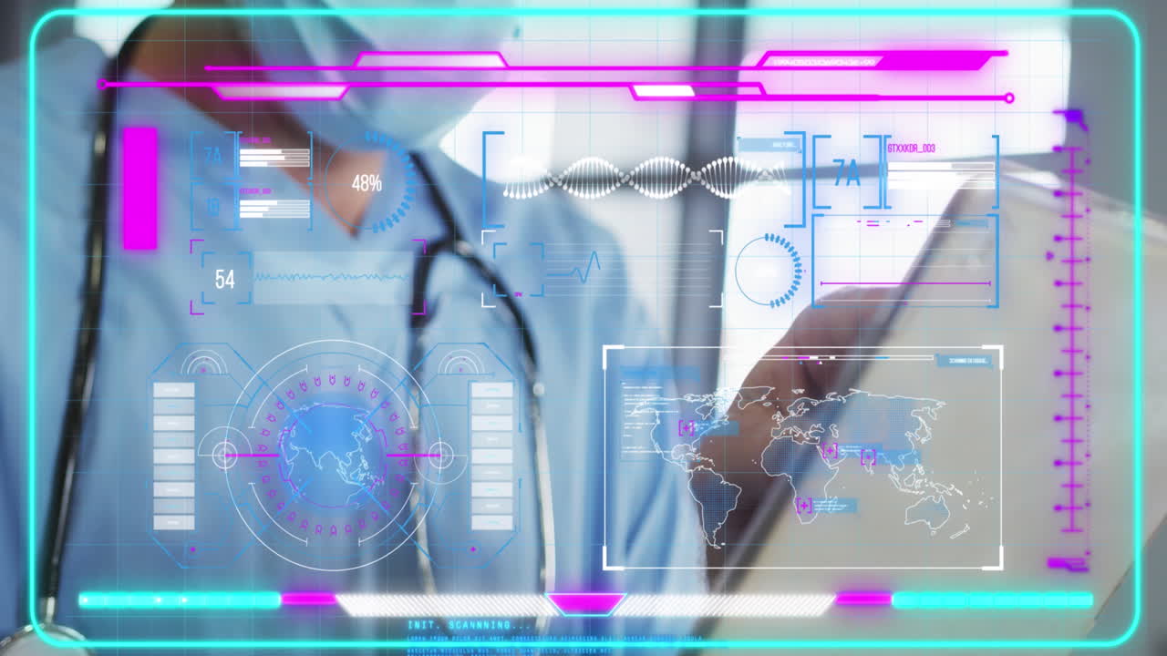 태블릿을 사용하여 얼굴 마스크를 착용한 백인 남성 의사에 대한 데이터 처리 애니메이션