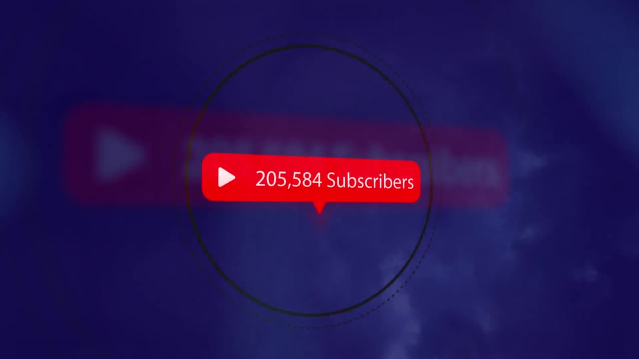 파란색 배경에 빛의 반점에 대항하여 음성 버블을 통해 가입자를 증가시키는 애니메이션