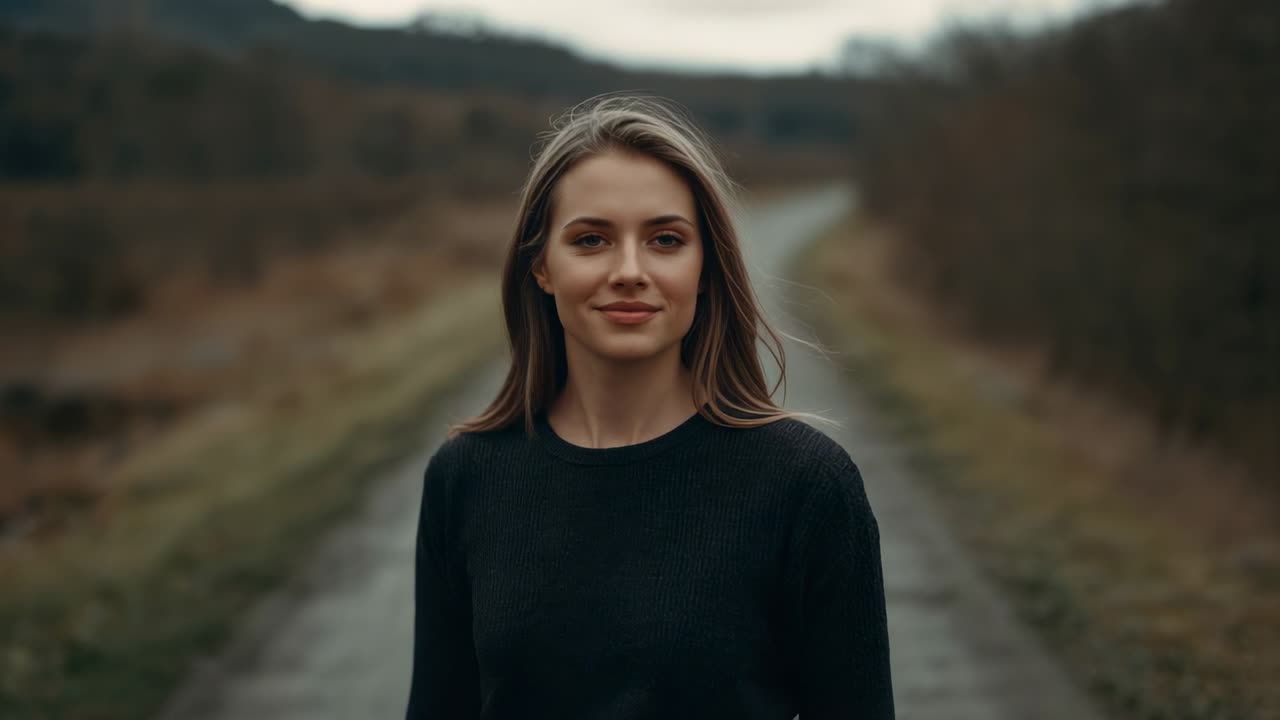 Hearing camera click, turning woman wearing dark sweater facing camera on narrow lane smiling