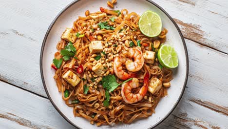 delicioso pad thai con camarón, tofu, cacahuetes y cuñas de limón