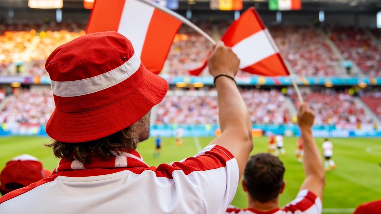 Tifoso con cappello a secchiello rosso e maglia che sventola, reagendo al gioco in campo e alzando una bandiera rossa e bianca.