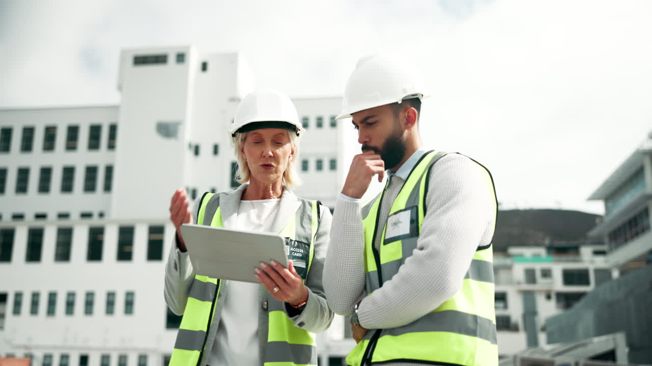Construction workers reviewing plans on a tablet
