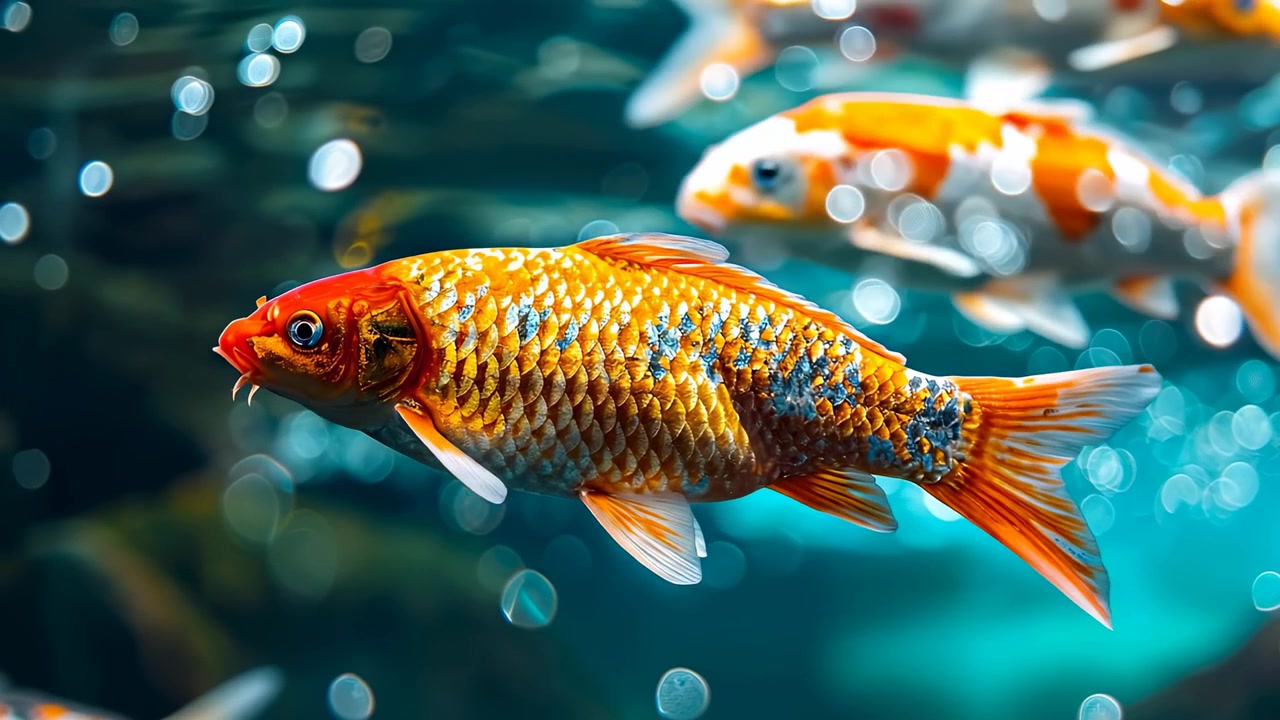 Vivaci pesci koi arancioni nuotano in acqua turchese limpida. Primo piano di carpe koi arancioni che nuotano in acqua blu brillante con bolle ed effetti bokeh.