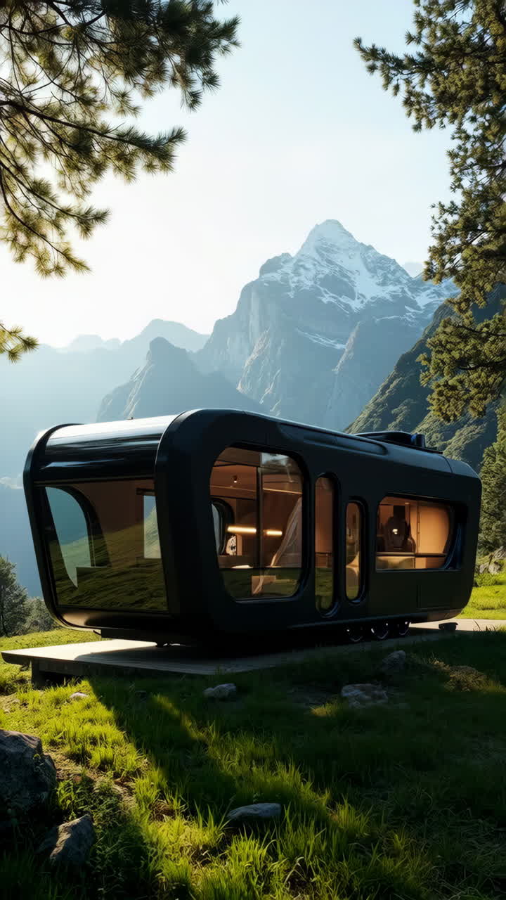 Casa capsula moderna in un sereno paesaggio montano