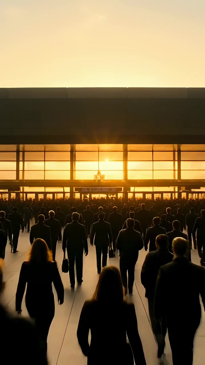 Vertical video: Walking commuters in suits leaving work, heading to sunlit glass wall carrying bags