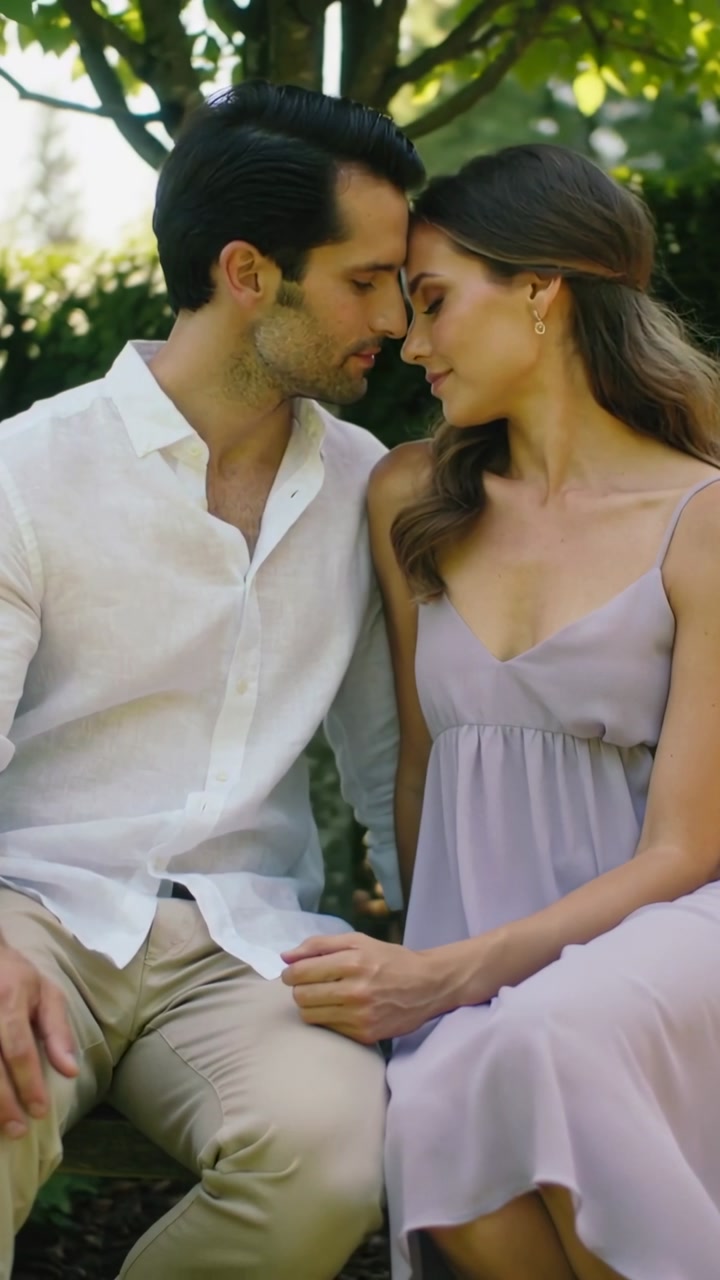 Vertical video: Leaning pair nuzzling on bench by tree after her hand on thigh in lilac dress