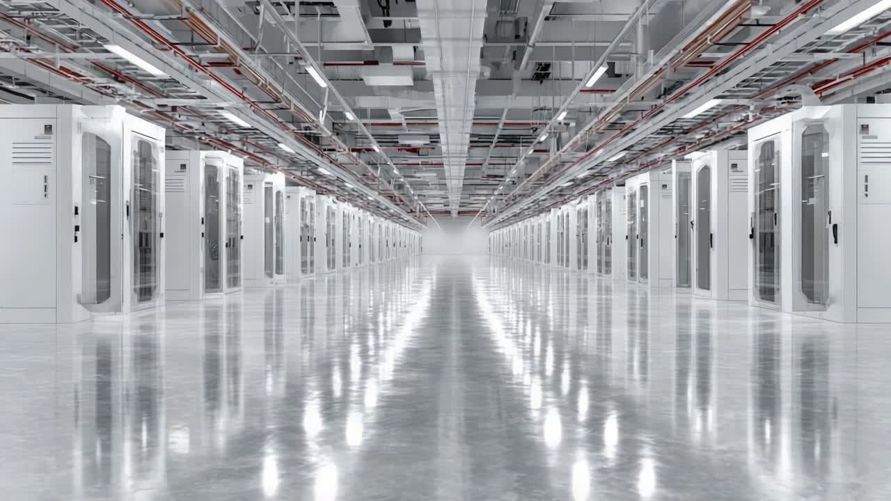 A Modern Data Center Featuring Rows of Server Racks and High-Tech Infrastructure, Illuminated by Bright Lights, Creating a Clean and Efficient Digital Environment
