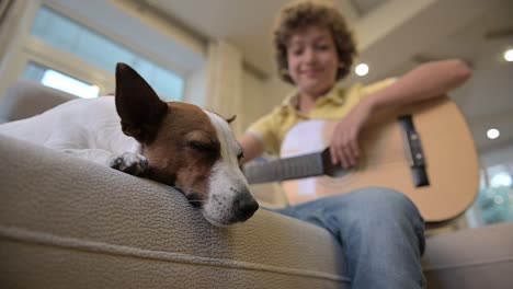 bottom view of a boy playing the guitar sitting on the couch, next to him is his dog sleeping