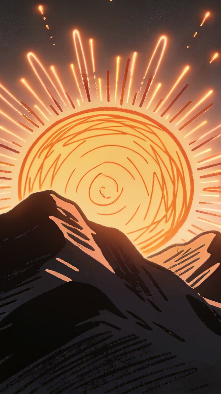 Vertical video: Glowing sun rising behind peaks causing rays and sparks lighting ridges for design