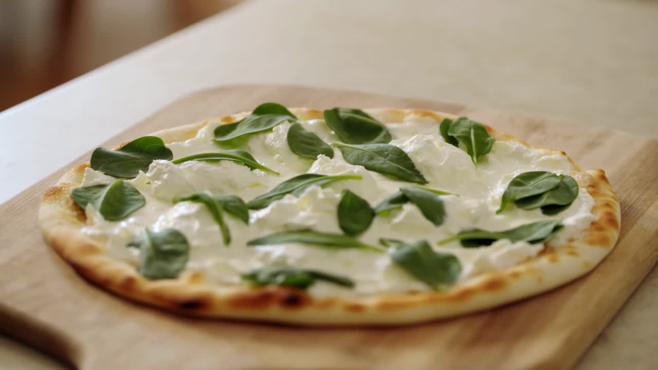 Pizza spinaci e mozzarella su tagliere di legno, salsa bianca cremosa, foglie di basilico fresco, crosta dorata e croccante.