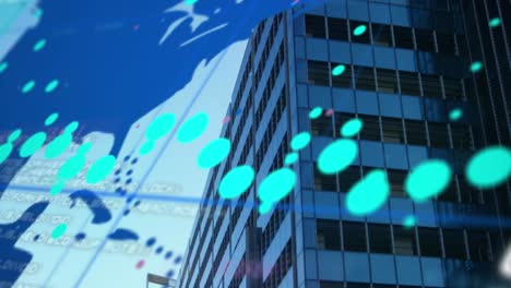 Animation-of-map-with-numbers-and-dots-moving-over-modern-office-building-in-city