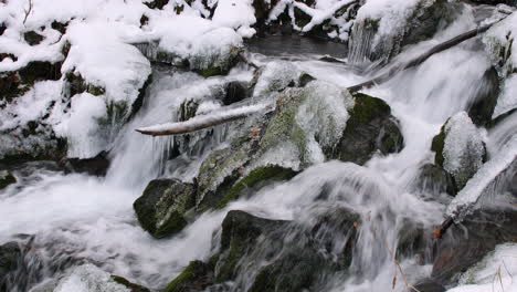 close up of a small waterfall flowing over rocks and ice in a snow covered forest in chugach state park alaska