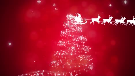 Animation-of-christmas-tree-and-santa-in-sleigh-with-reindeer-on-red-background