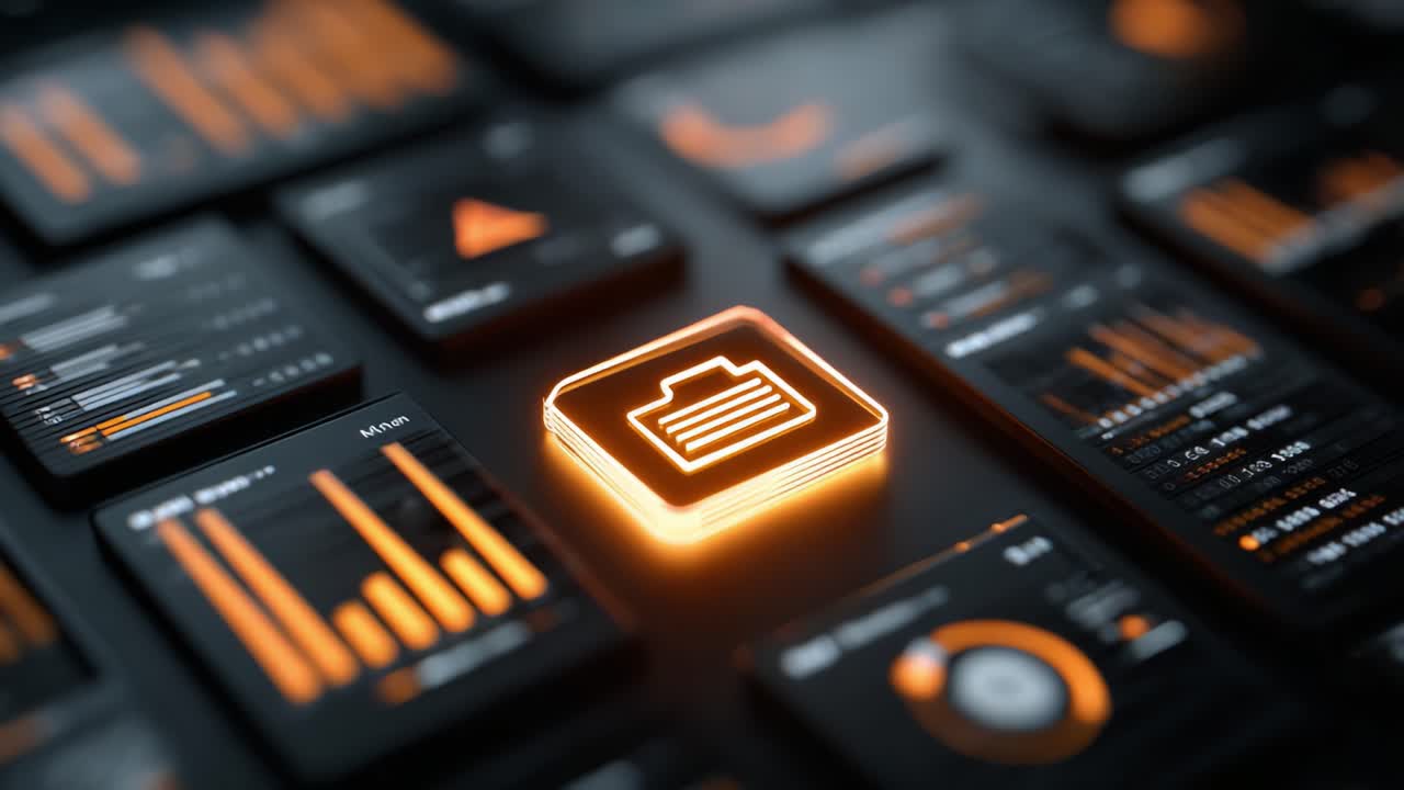 Visual Data Representation: An Interactive Dashboard Featuring Battery Levels and Performance Metrics with Orange Accents on Black Backgrounds