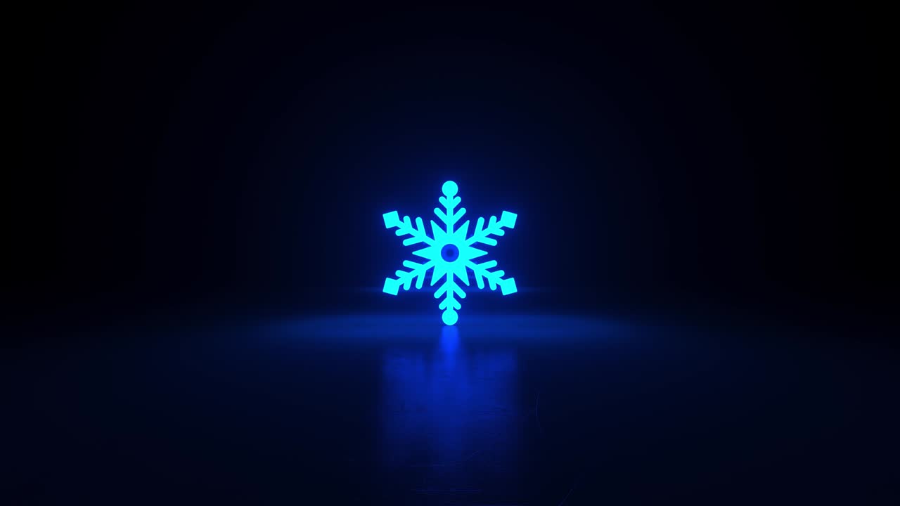 Blue snowflake. Glows symbol on darkness blue black background. Abstract sci fi geometric background. Corridor. Abstract winter concept. VJ Christmas concept. Moving forward. 3d animation loop of 4K