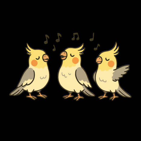 cute cartoon cockatiels singing animation isolated asset, transparent 4k video, alpha channel