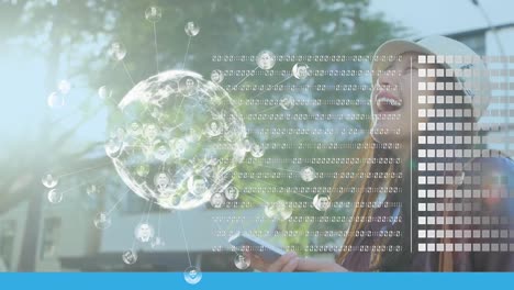animación del globo y procesamiento de datos sobre la mujer usando teléfono inteligente