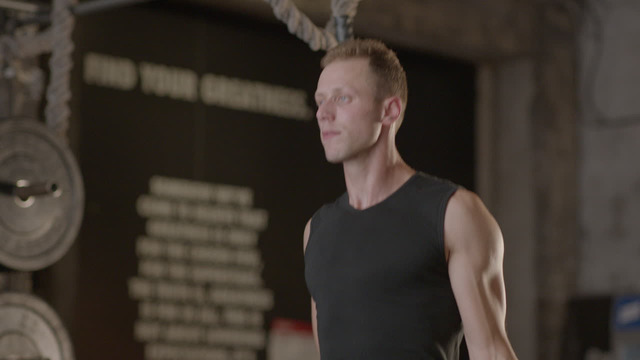 체육관에서 밖으로 일하는 남자