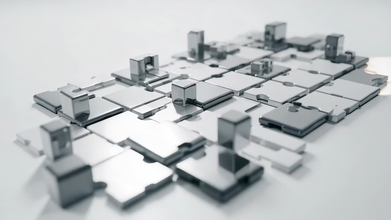 Panning camera in studio revealing reflections across white-tiled grid, metal panels, cubic blocks