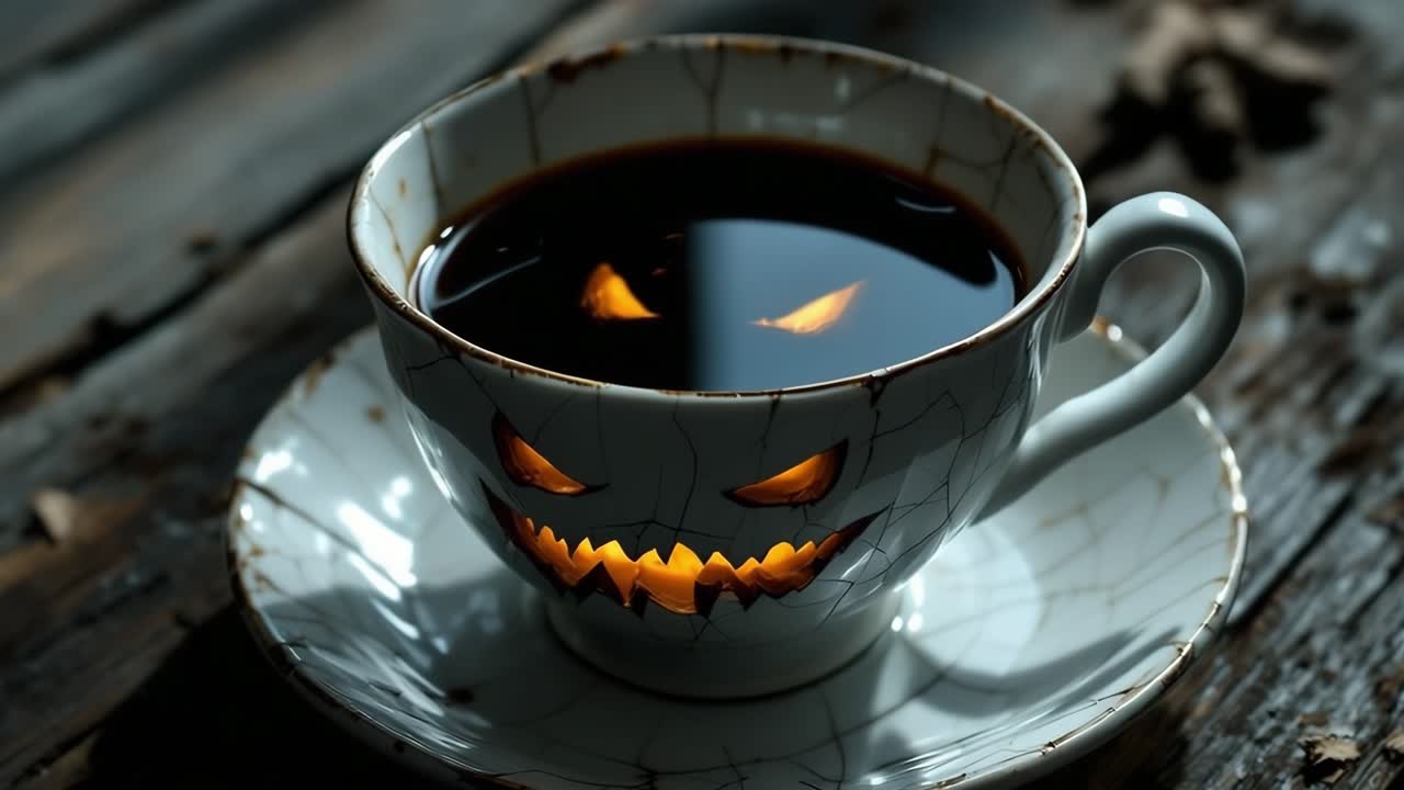 Tazza da caffè spettrale con volto di jack-o'-lantern luminoso, che mostra l'atmosfera e il fascino di Halloween