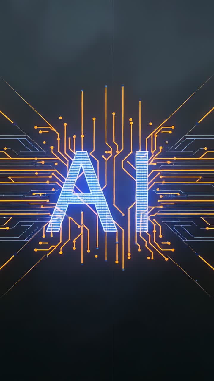 Vertical video: Glowing orange-blue circuits on circuit board forming letter A and I showcasing AI