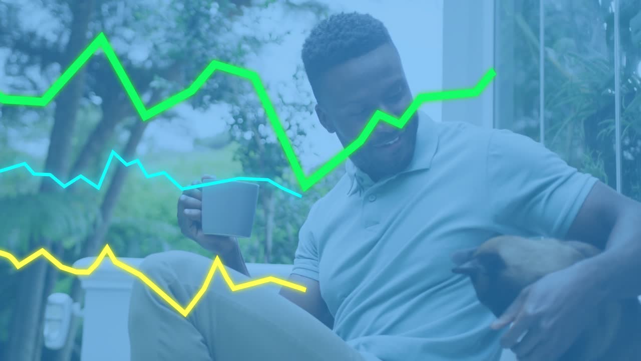 Mid-adult man glancing down at mug while petting cat on porch and neon data graphs animating