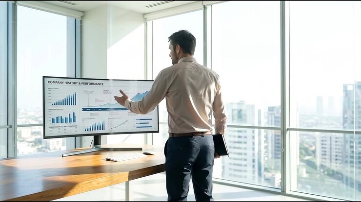 Businessman Reviewing Company Performance Data on Office Monitor