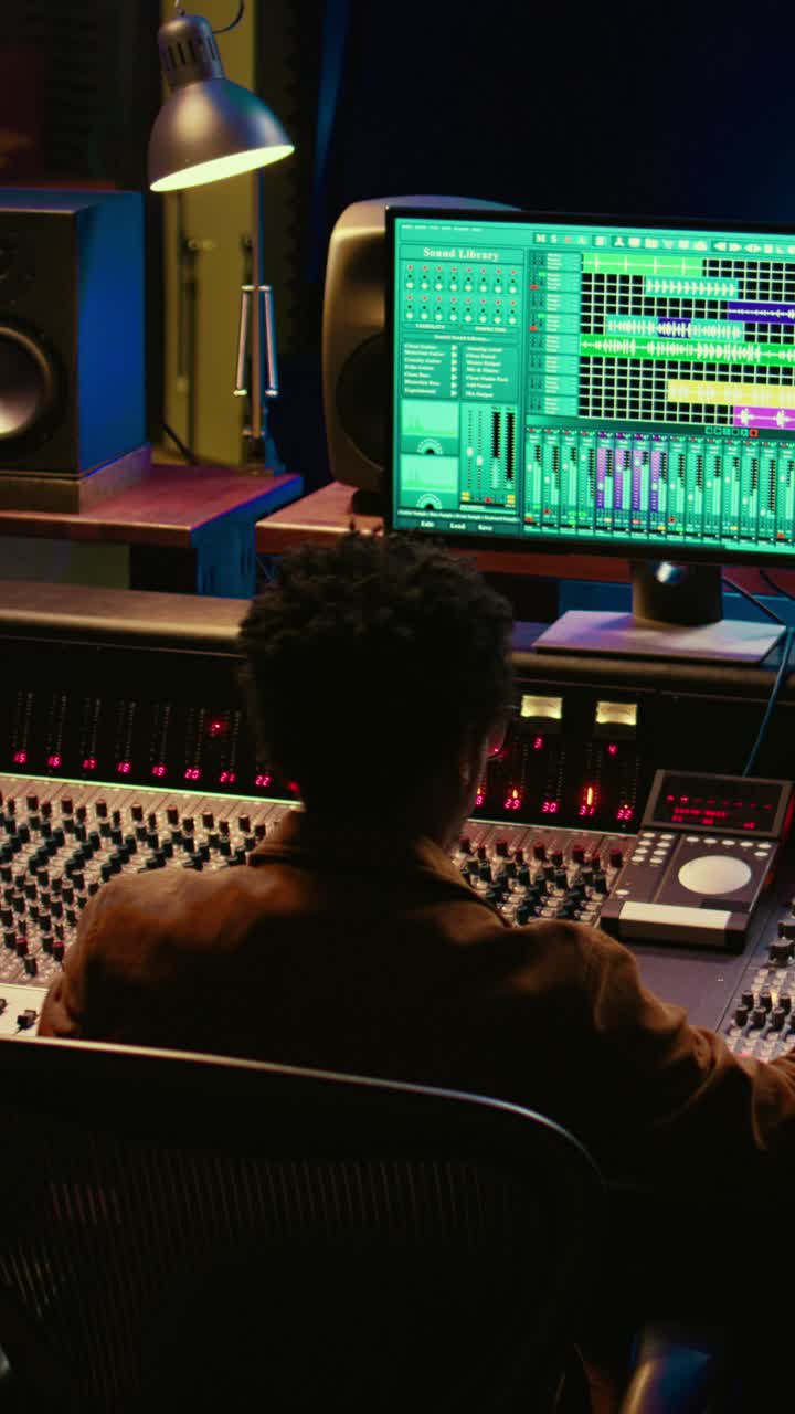 Sound Engineer Working on Mixing Console in Professional Recording Studio