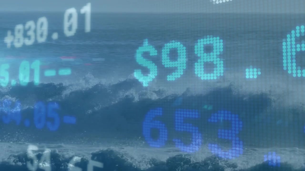 Onde che si infrangono lanciano cifre blu-verde acqua che aggiornano i valori sull'oceano, visualizzando le tendenze di mercato.