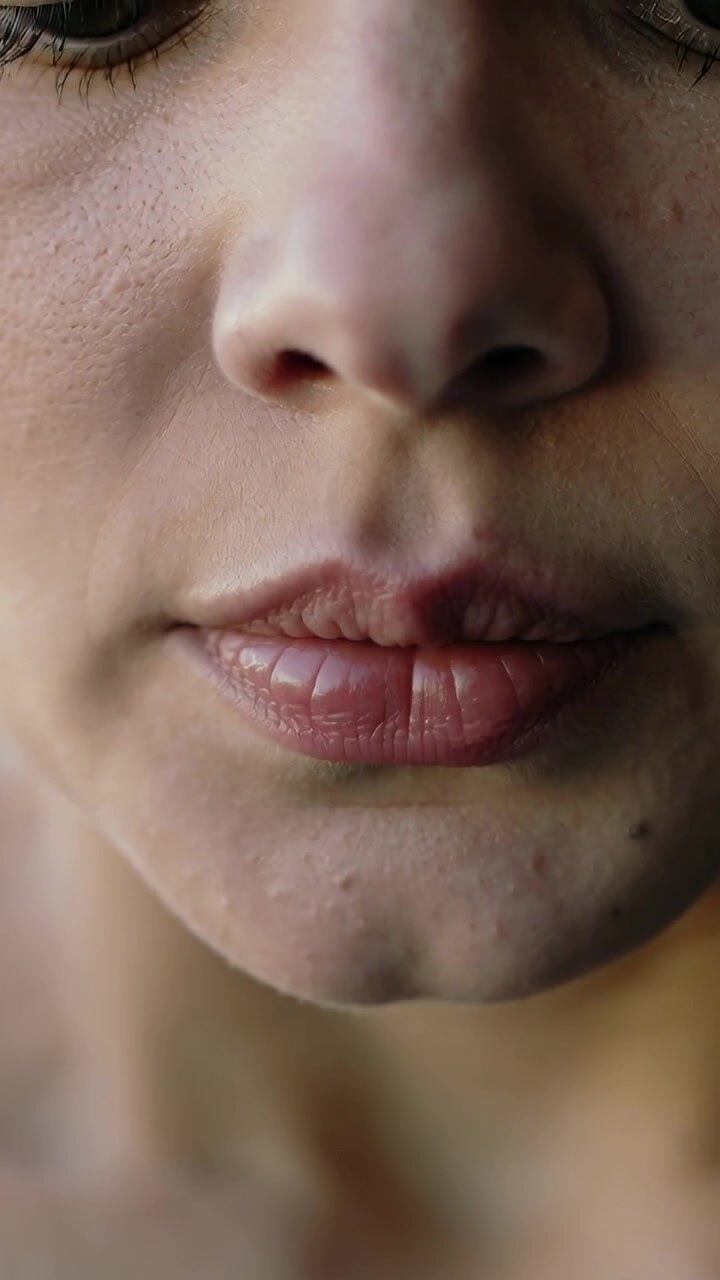 Video verticale: Sequenza che mostra la parte inferiore del viso di una donna che muove le labbra a una finestra, con l'apparecchio ortodontico visibile durante il discorso.