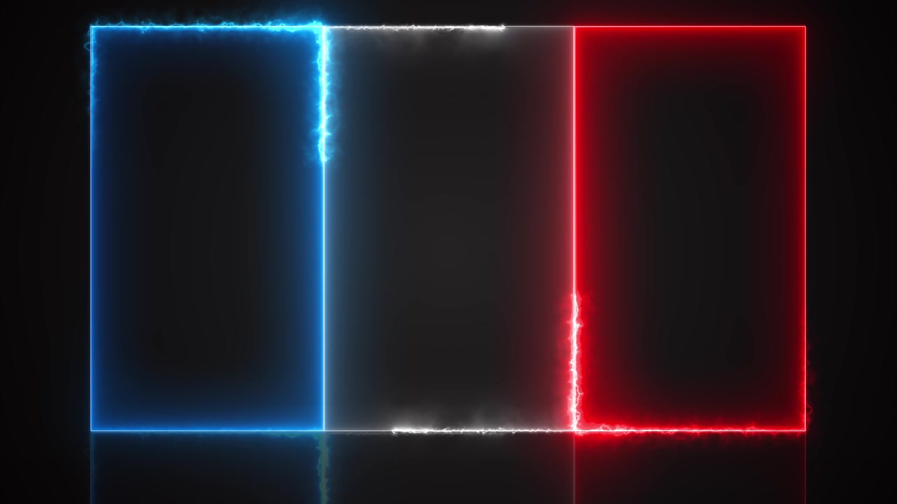 Neon energy panel background with blue white and red glowing borders on dark reflective space