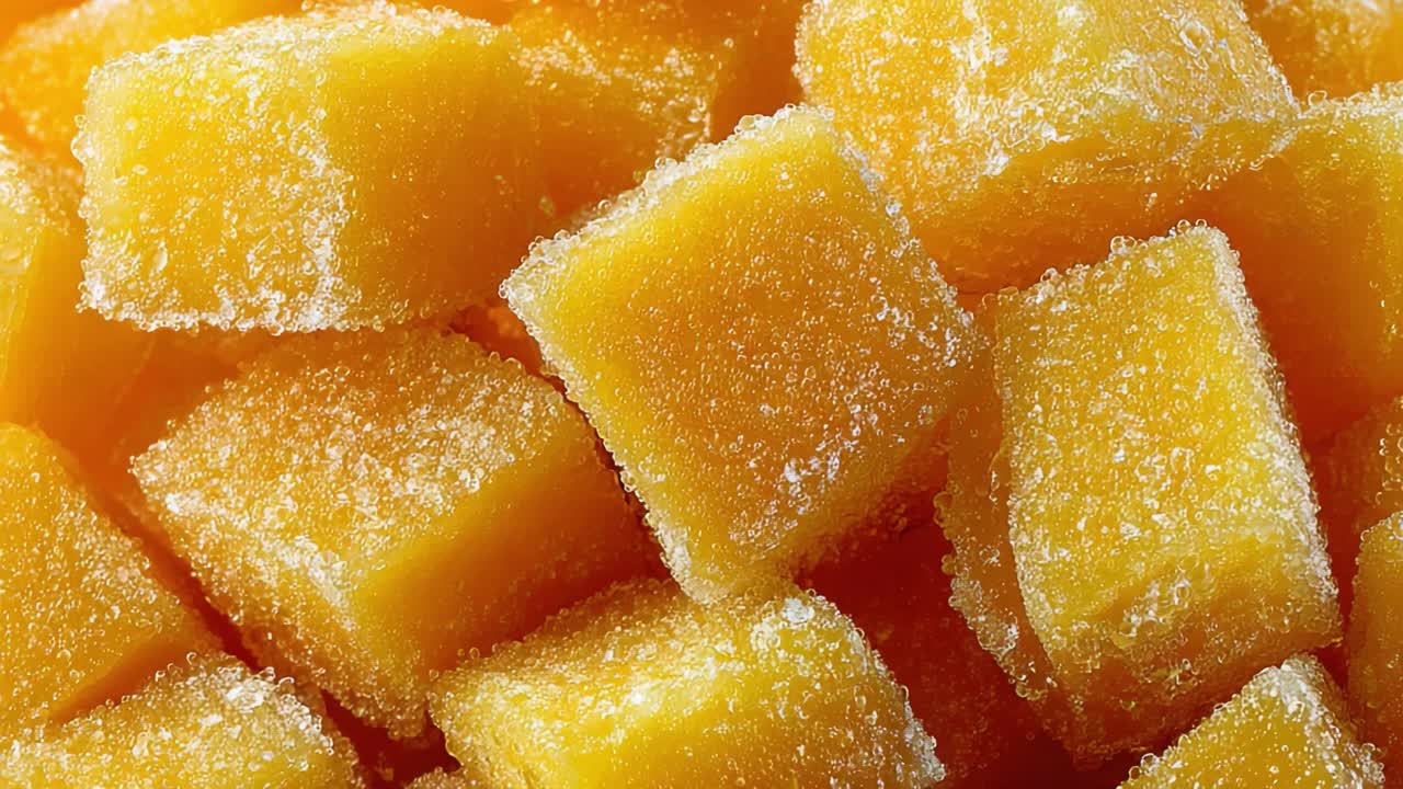 Uno Sguardo Ravvicinato a Cubetti Scintillanti di Mango Congelato Spolverati di Zucchero, che Evidenziano il Loro Colore Brillante e la Loro Consistenza Irresistibile in una Composizione Allettante.