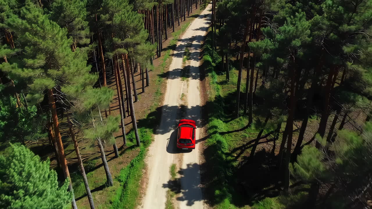 Red Car Driving on a Dirt Road Through a Pine Forest (Aerial View)