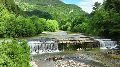 logar valley savinja river natural waterfall aerial drone panoramic slovenian travel and tourism unpoluted paradise, water stream flowing