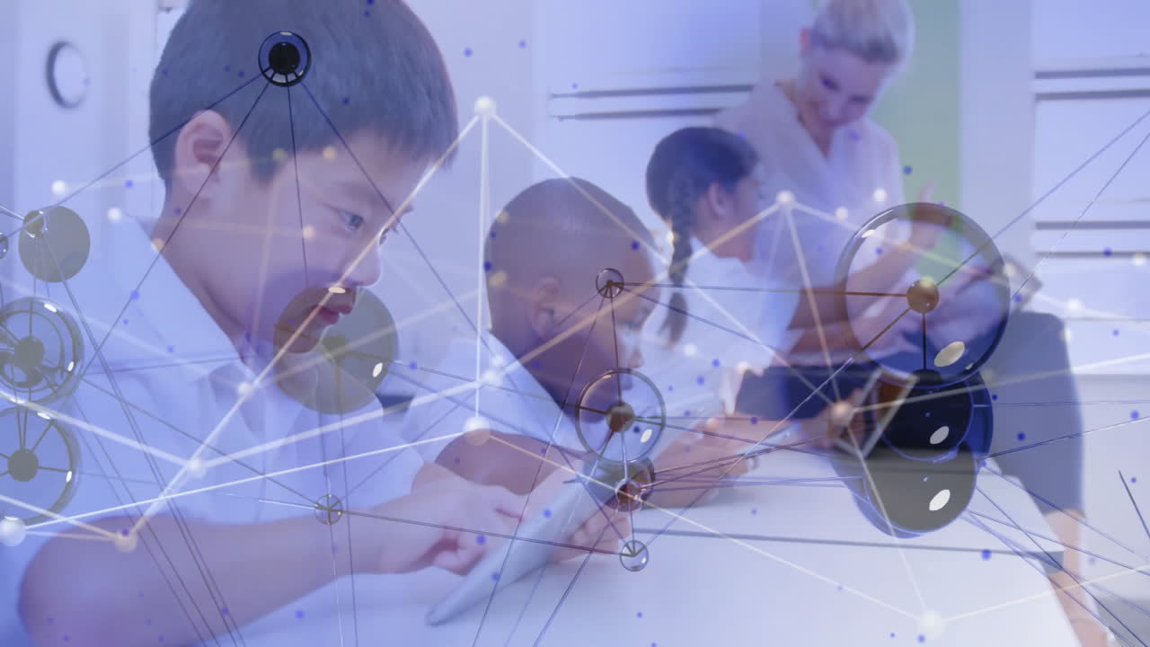 Children using tablets in classroom with network connections animation overlay
