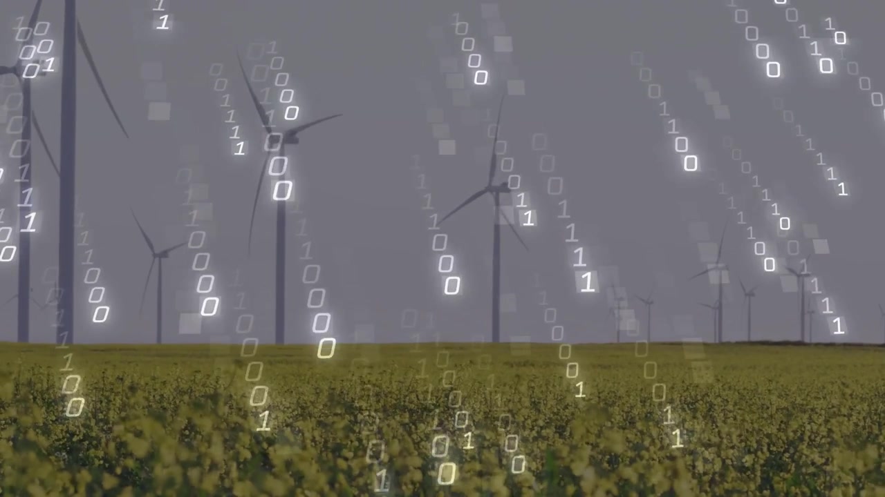 All'avvio, turbine eoliche che ruotano all'orizzonte, cifre binarie che scorrono sull'immagine, mappando la rete energetica.