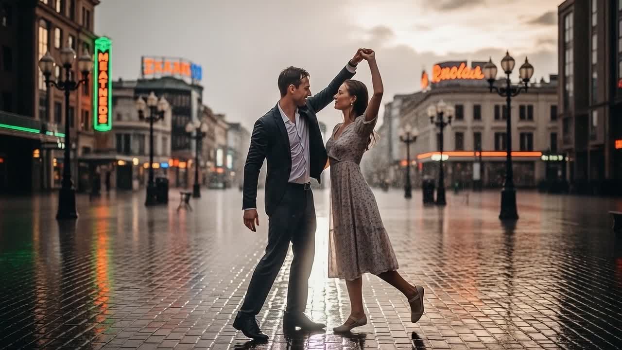 A Romantic Dance Under Rainy Skies: A Couple Expresses Their Love in the Midst of Rain, Capturing a Moment of Joy and Connection Against a City Backdrop