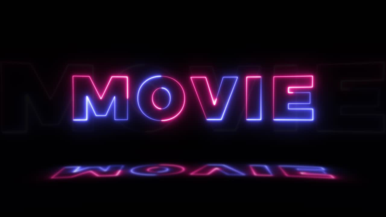 neón brillante palabra 'película' en un fondo negro con reflejos en un piso. signos de brillo de neón en gráfico de movimiento de bucle sin costuras