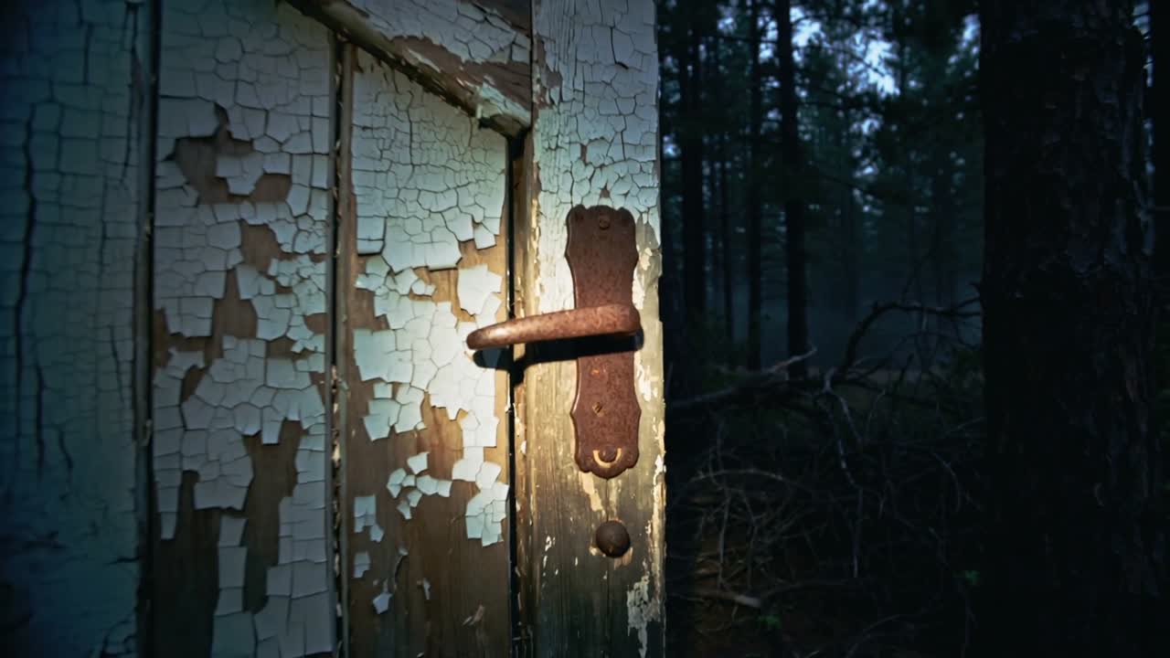 Shining handheld beam sweeping down weathered door at forest edge, camera approaching rusted handle