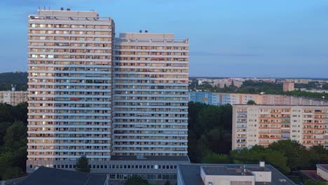 smooth aerial top view flight prefabricated housing complex, panel system building berlin marzahn germany europe summer 23