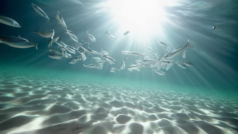school of fish underwater with sunlight