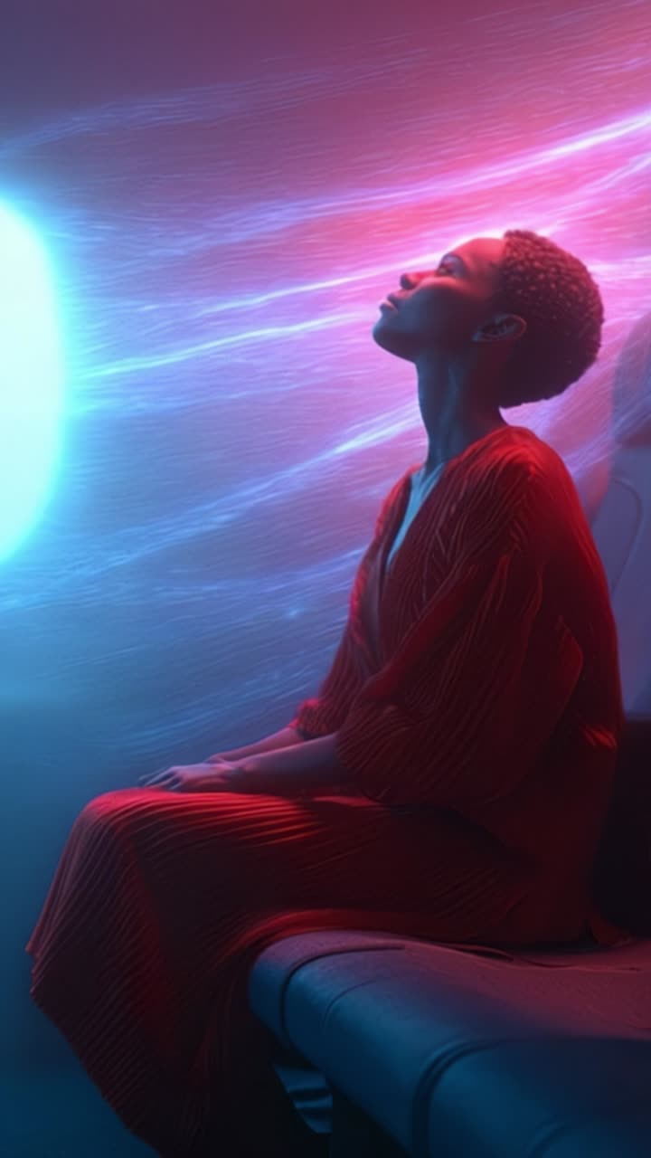 Un momento contemplativo catturato in luce soffusa e colori vivaci mentre una donna in un abito rosso fluente abbraccia la tranquillità e l'introspezione in un'atmosfera onirica.