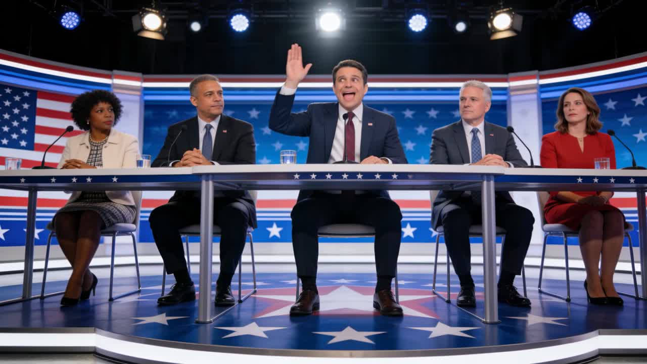Raising right hand center panelist speaking during debate on stage in formal attire with mics