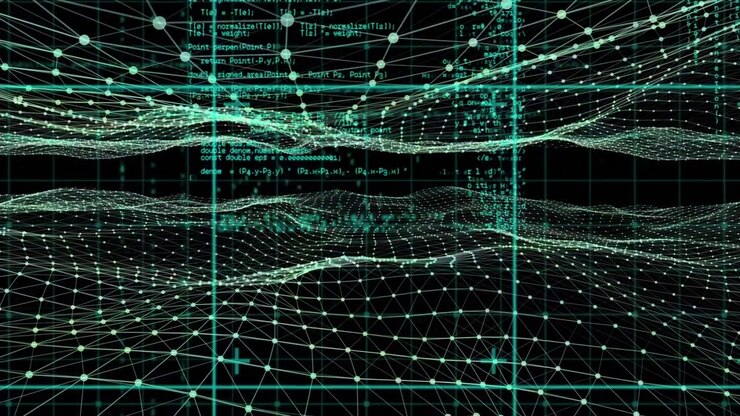 Digital animasjon av blå digital bølge mot et nettverk av forbindelser på blå bakgrunn.