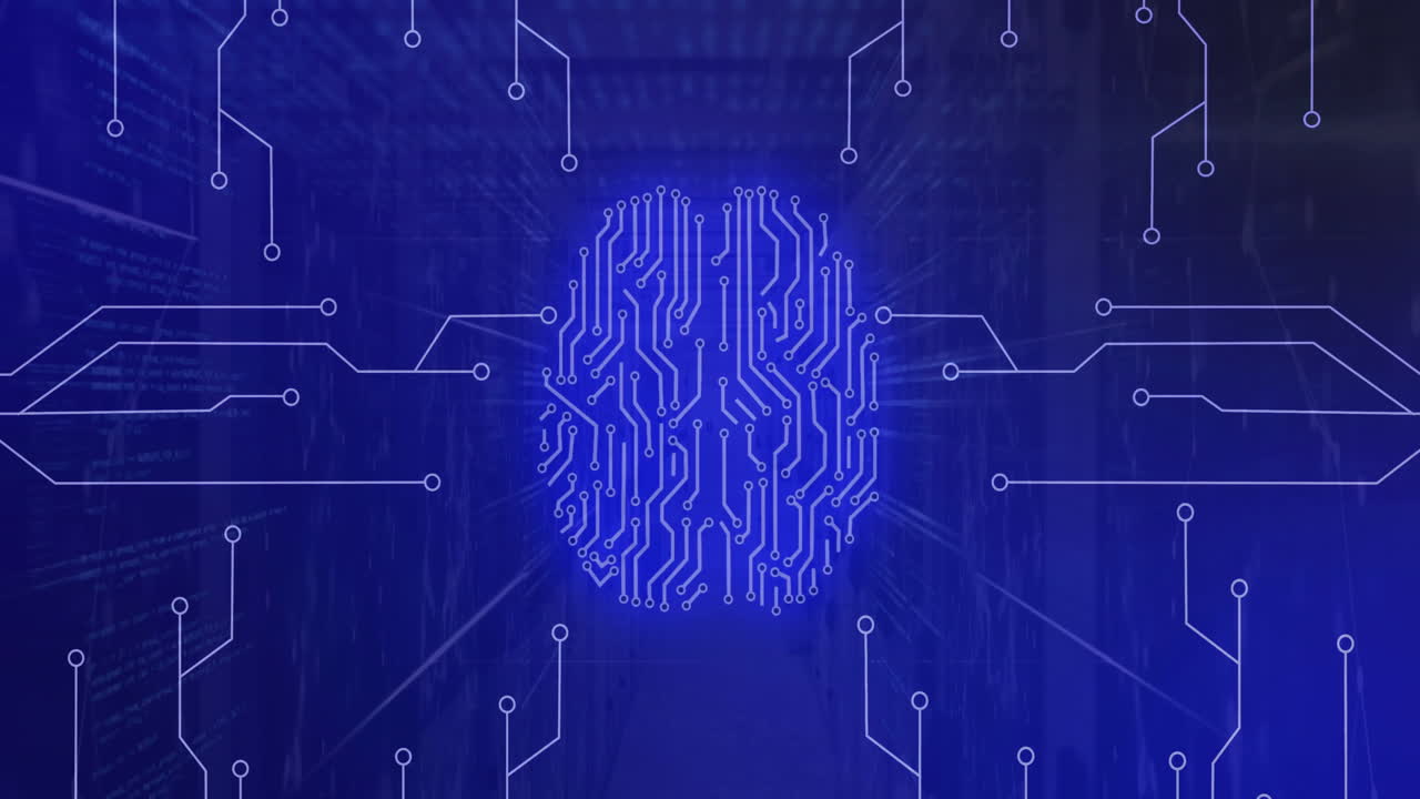 animación de la red de neón de conexiones con el cerebro sobre la sala de servidores