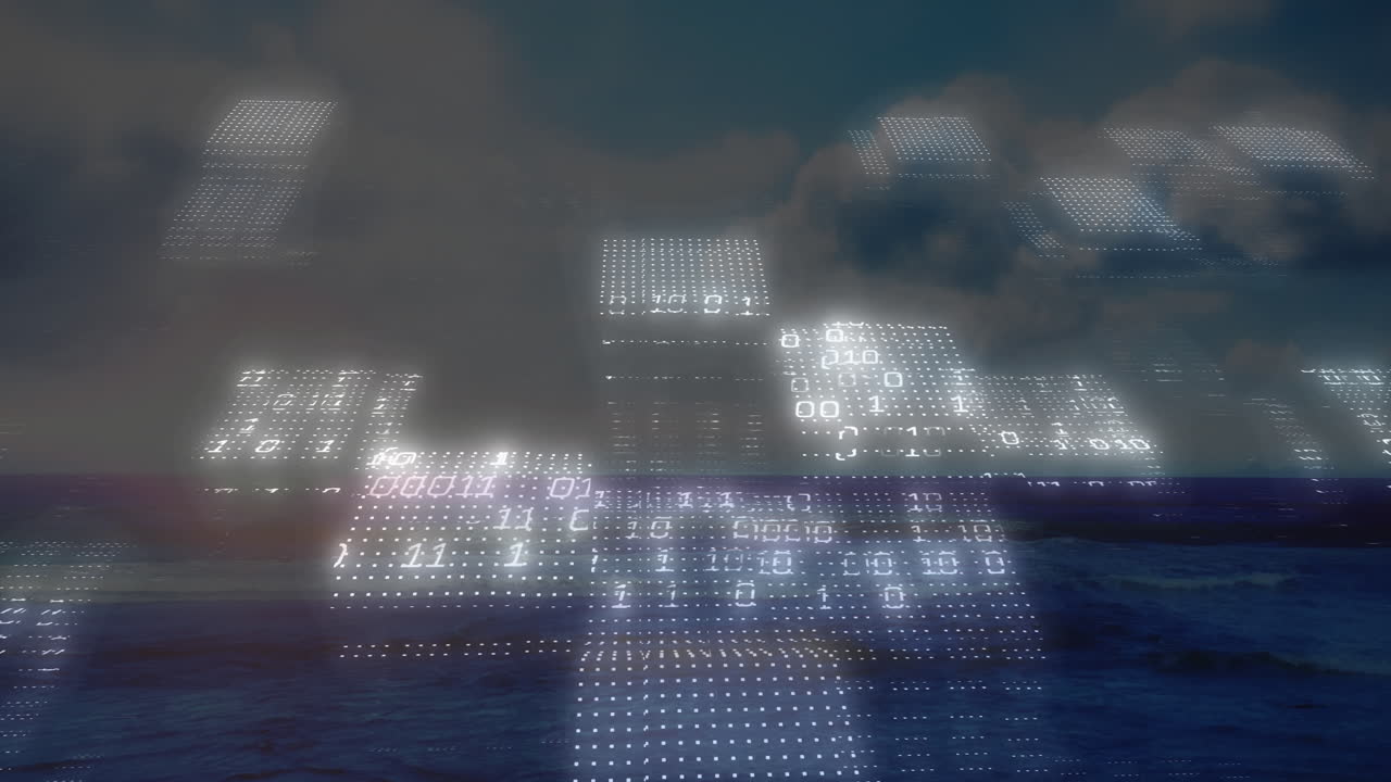 Animation of digital data blocks floating over ocean under cloudy sky